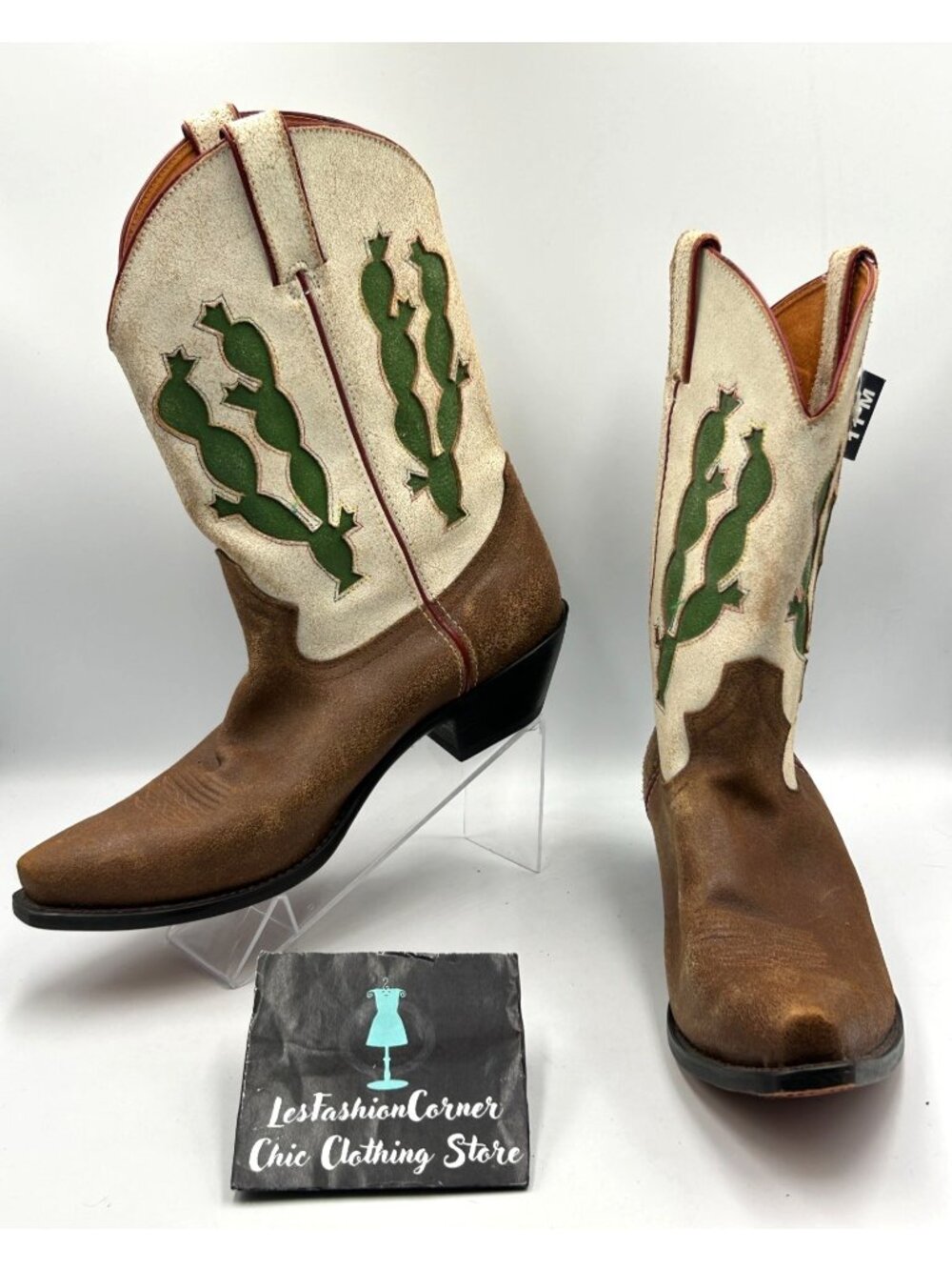 NWT Santa Fe Boot Co Women's Brown Cream Leather Western Cactus Boots Sz 11 3415
